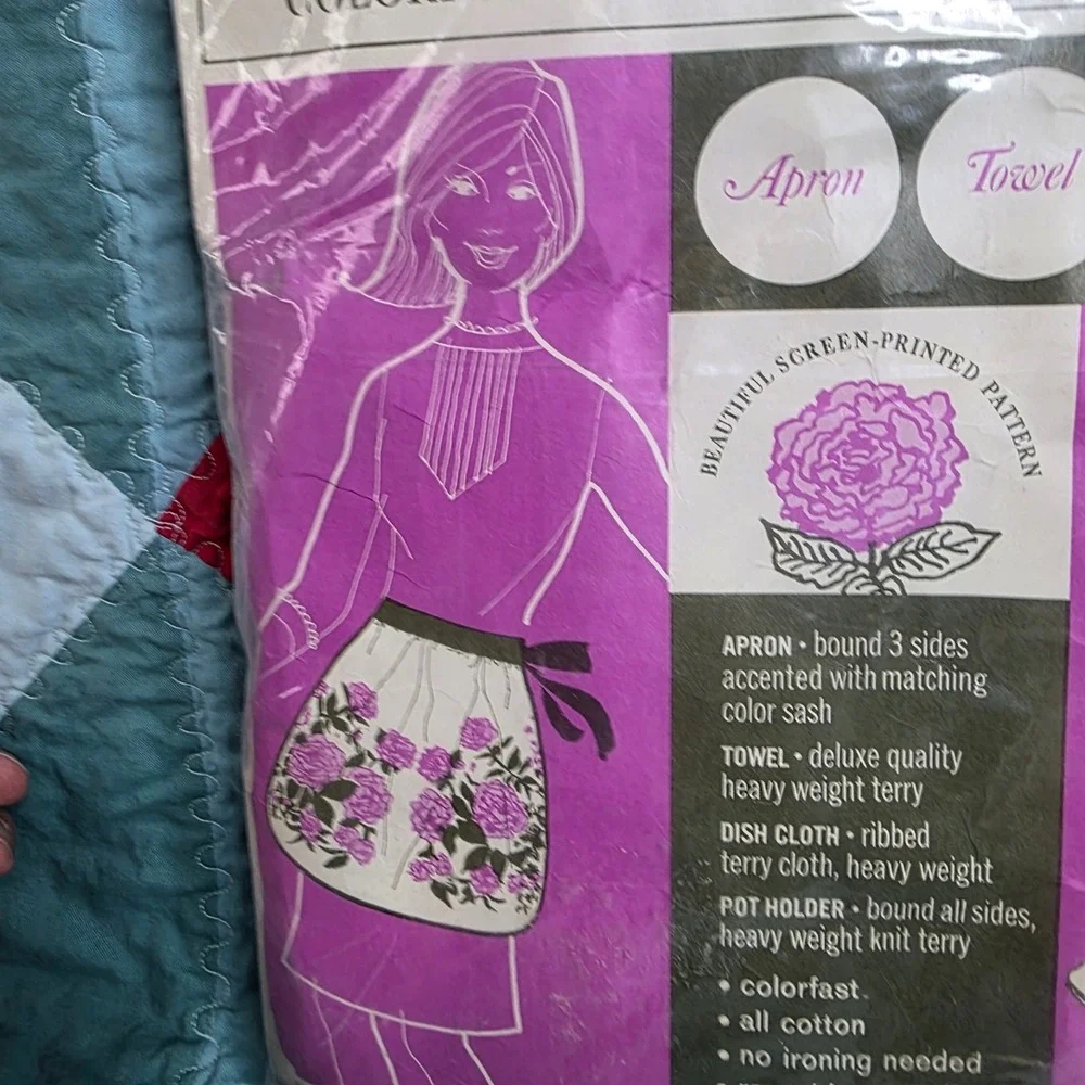 Excello Hostess Gift Set Terrycloth Floral Apron Towel Dish Cloth Pot Holder NOS